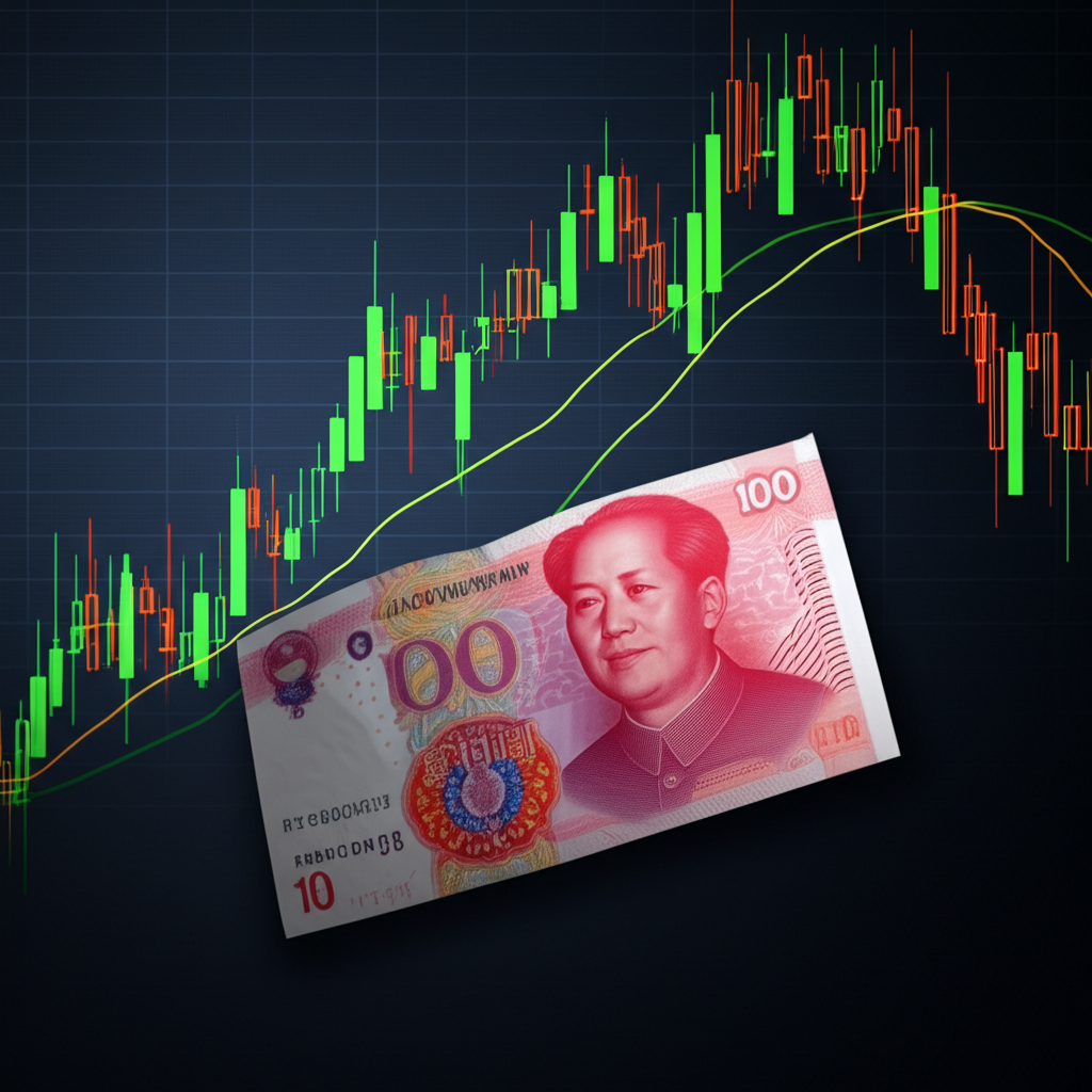 一群來自不同地區的投資者正專注地觀看一個大型全息金融顯示器，顯示中國人民幣匯率趨勢及其他全球經濟指標。