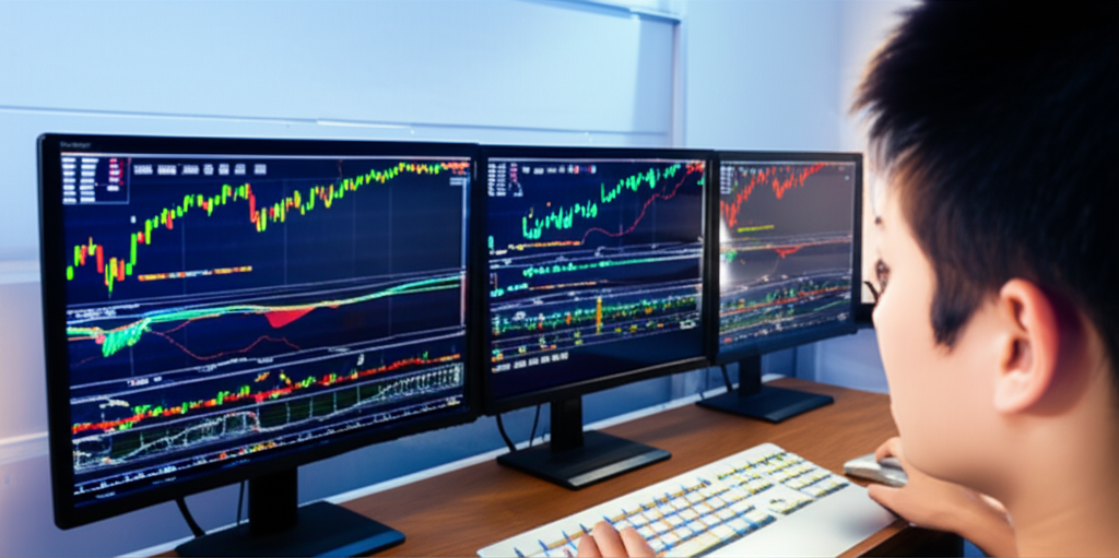 一名交易員專注於電腦螢幕上顯示的CME FedWatch工具介面，圖表數據顯示聯準會降息機率預期，背景是繁忙的交易室，突顯市場對貨幣政策的即時反應。