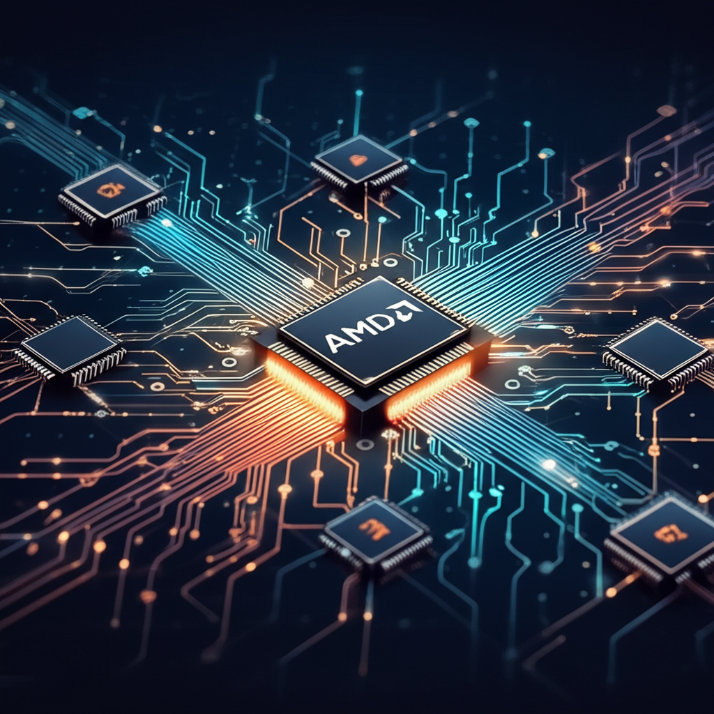 AMD在全球半導體產業的影響力,圖示CPU、GPU與AI晶片以發光電路呈現,周圍環繞台灣供應鏈合作夥伴,展現科技網絡佈局